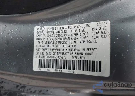 2005 Honda Cr-V Ex z USA, uszkodzony, nr VIN JHLRD788X5C035278